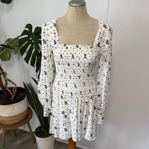 Free People Smocked Mini Dress XS White Floral Long Sleeve Boho Cottagecore